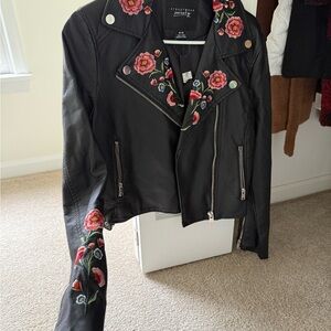 Streetwear Society Black Leather Jacket with Floral Embroidery